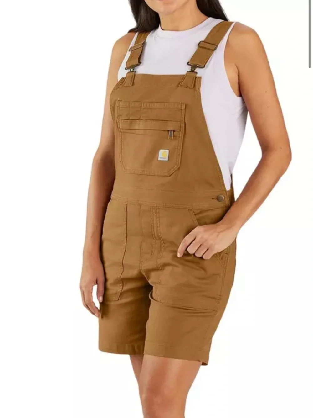 New Carhartt Women’s Tan Rugged Flex Relaxed Fit Canvas Shortall Overalls Medium - Picture 1 of 10